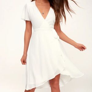 Lulu’s Rise to the Occasion White Midi Wrap Dress